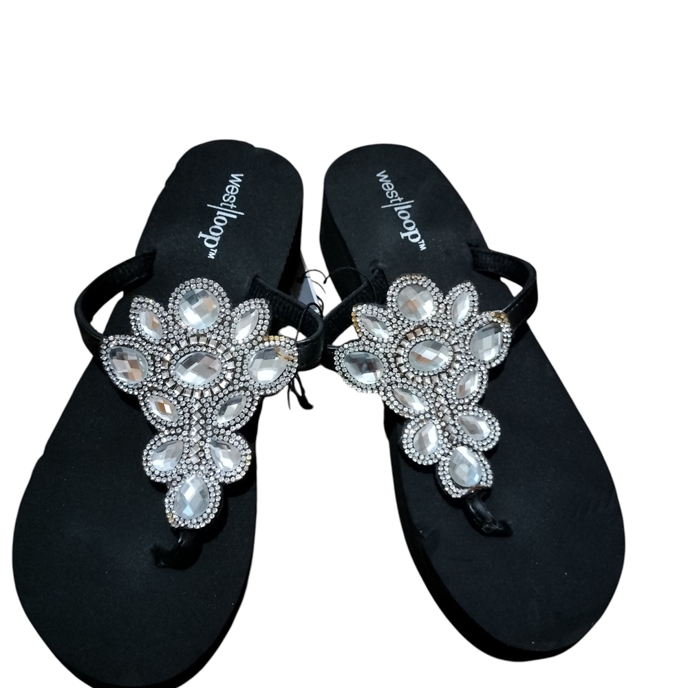 West Loop Black Sandals with Crystal Embellishments